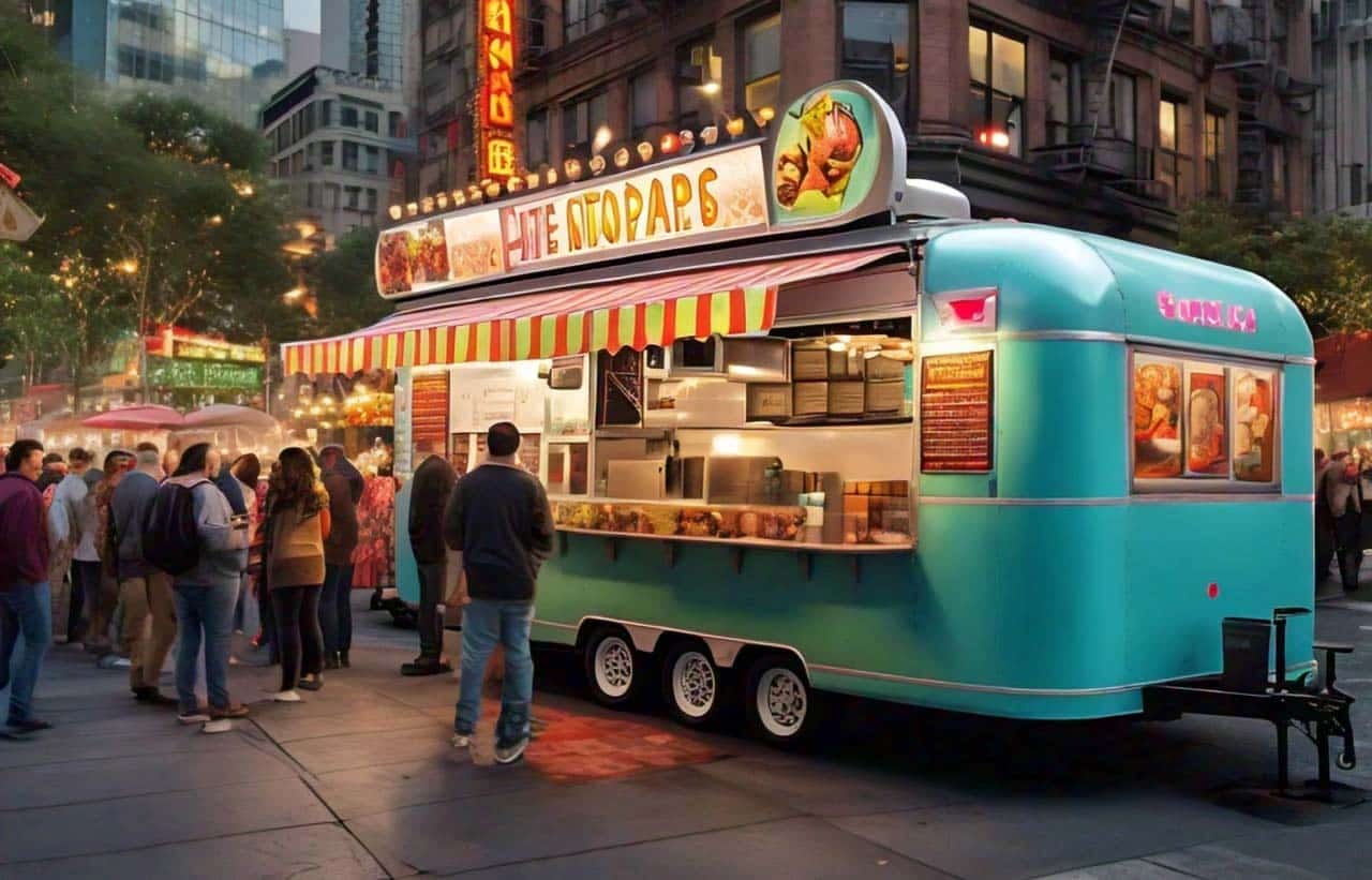 A Busy Food trailer Scene: An image showing a vibrant food trailer in a bustling city setting, with customers enjoying their meals. This conveys the mobility and popularity of mobile kitchens.
